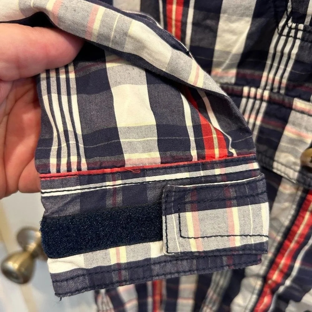 OshKosh Bgosh 8 Madras Plaid Quarter Zip Hooded Anorak Jacket Navy Red White